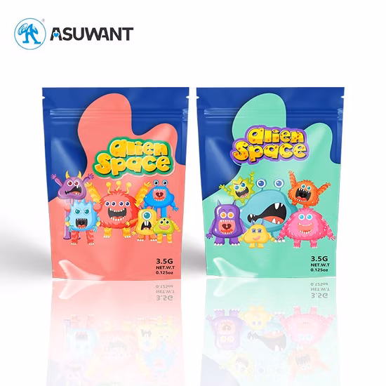 Custom Matt Purple Resealable Aluminum Foil Comic Stand up Pouches Cartoon Mylar Bags