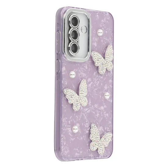 for Samsung Galaxy S25/S24 Butterfly Pearl Decor IMD PC + TPU Phone Cover with Glass Lens Film 